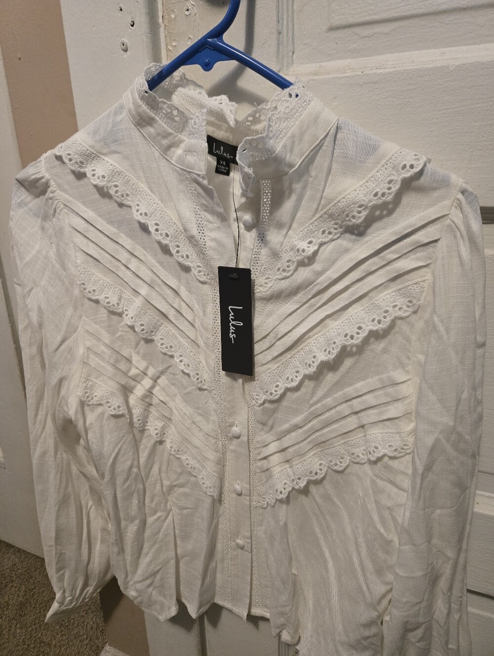 Lulu's White Lace Pintuck High-Neck Button Shirt